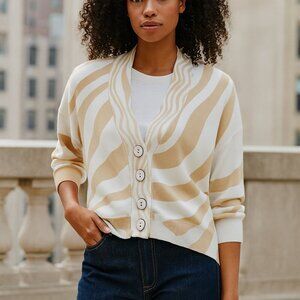 WISPR Tan White Abstract Stripe Silk Sweater Knit Cardigan Preppy Size Medium